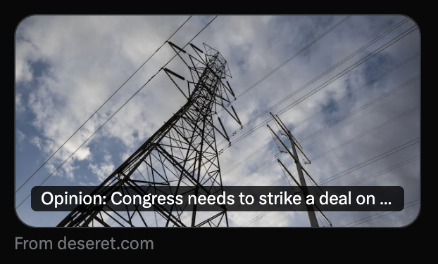 Deseret News Permitting Reform Screenshot of a republicEn post on X promoting an op-ed by former Congressman Bob Inglis. The post reads: “We’re in a new race. China is moving fast. BYD files an average of 52 patents a day and now leads the world in EV sales. The question isn’t whether we like that reality. The question is whether America intends to compete.” Below the text is a photo of several BYD electric vehicles parked outside a dealership, including a black compact EV in the foreground parked on a bright green charging space marked with a white plug symbol. The article preview headline reads: “China leads in clean energy but the US can catch up.”