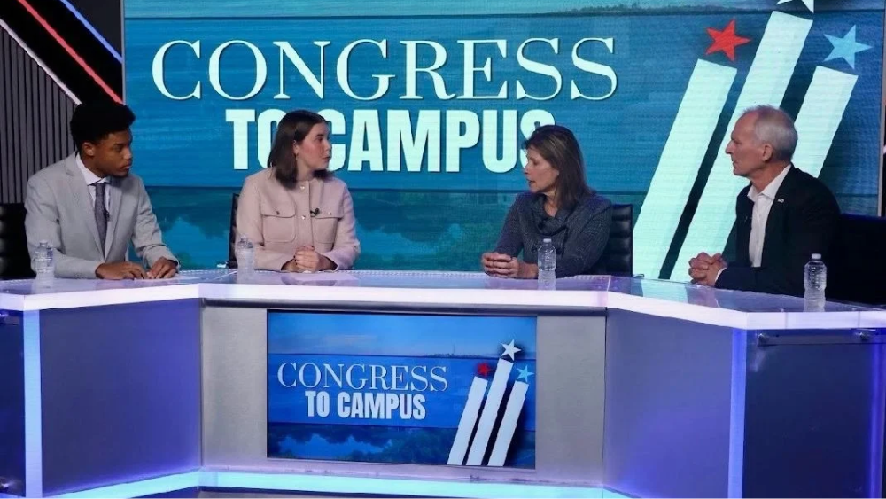Bob Inglis at Congress to Campus, Ithaca College Ithaca College students Allison Dolan and Travis Conway interview former U.S. Representatives Cheri Bustos and Bob Inglis during a Congress to Campus discussion.